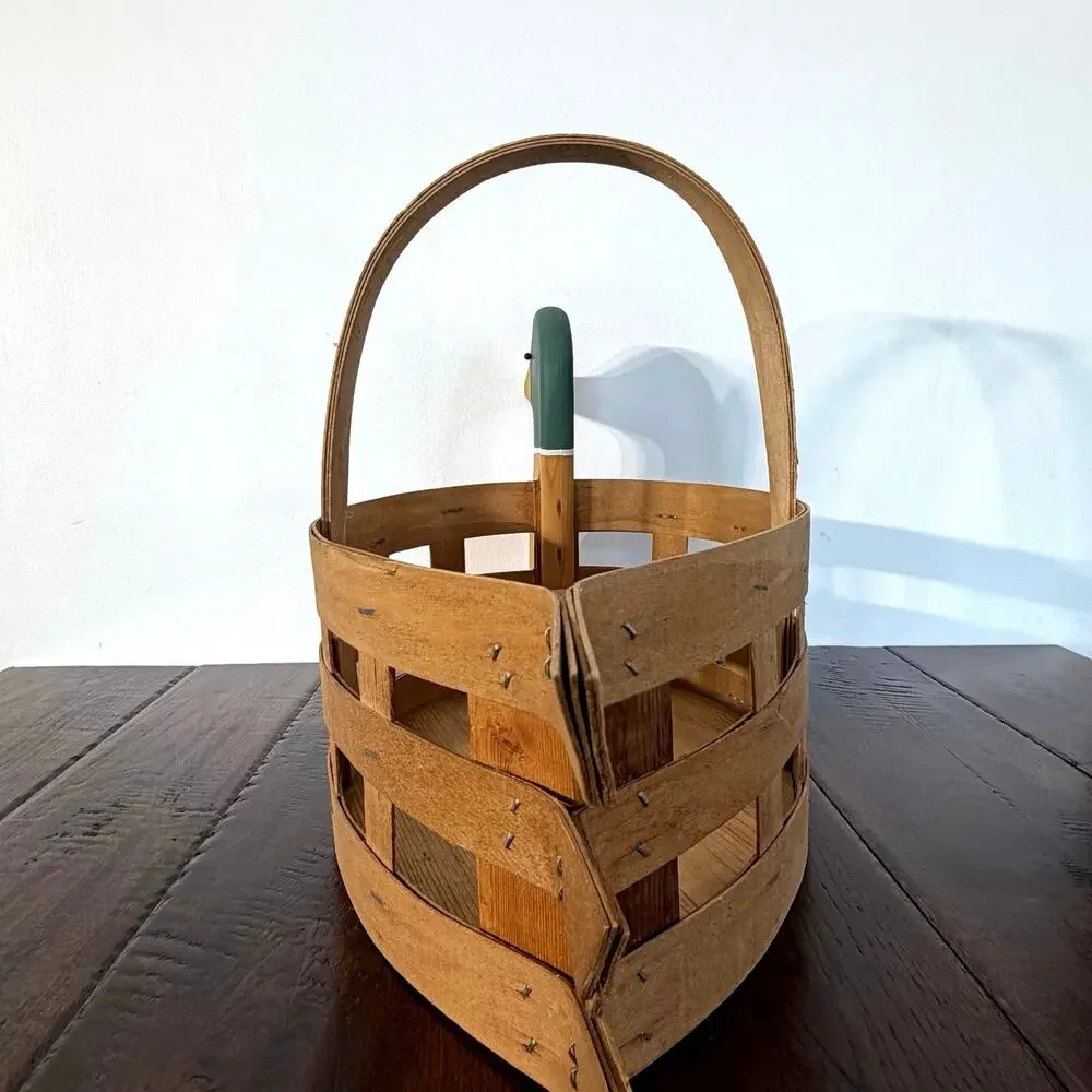 Vintage Wood & Woven Slat Mallard Duck Handled Basket | Rustic Country Basket